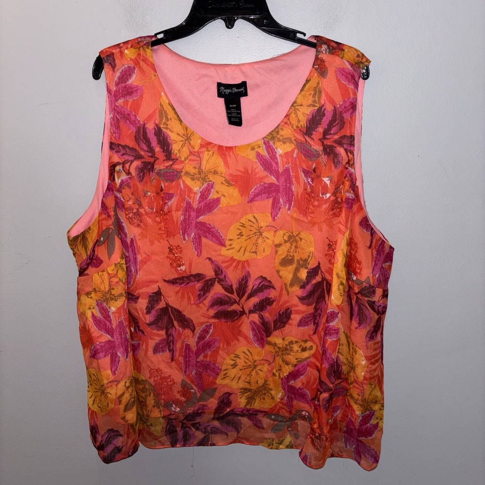 Maggie Barnes Blouse Vibrant Tropical Sleeveless Sheer Resortwear Size Petite 30